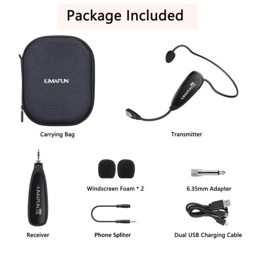 KIMAFUN 2.4G Wireless Waterproof Headset Microphone with 30m Transmission Range, Auto-Pairing, Ear-Hook Type, Transmitter and 3.5mm Stereo Plug Receiv