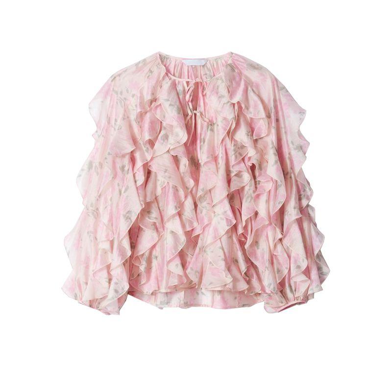 

Spring and Summer New Women clothes French style Sweet Flower Print Frill Long sleeve Shirts Top 1289591 Pink Florals L