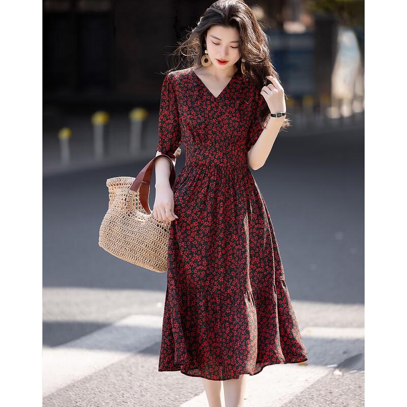 Demana French Style Printed Chiffon V-neck Dress