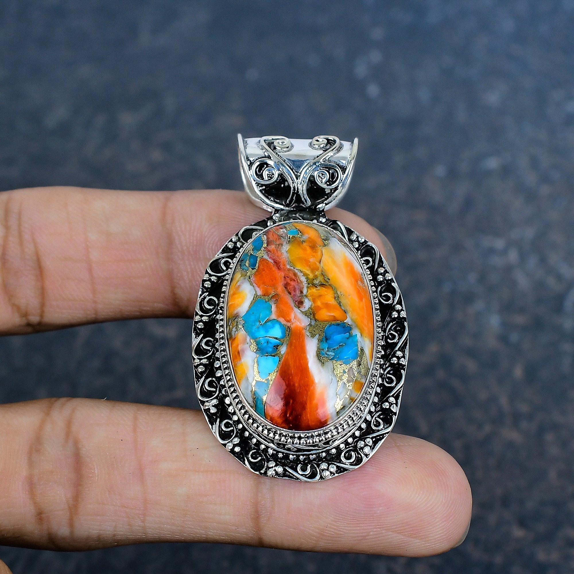 

Подвеска ручной работы с оранжевым колючим устричным камнем, подвеска из стерлингового серебра 925 пробы, для Дня благодарения 2.04 Inches