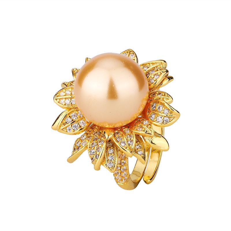 Jewelry Copper Platinum Plated With Simulation Pearl Flower Diamond Women'S Ring 14Mm