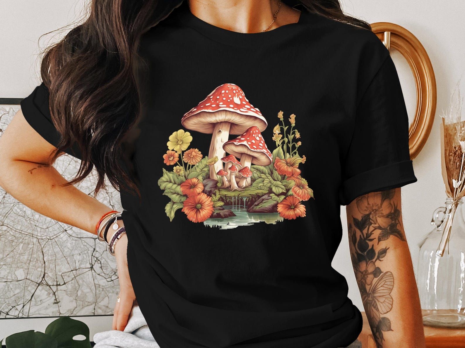 Whimsical Mushroom Garden T-Shirt, Cottagecore Illustration Tee, Enchanted Forest Design, Nature Lover s Graphic Shirt, Fungi Art Top XL