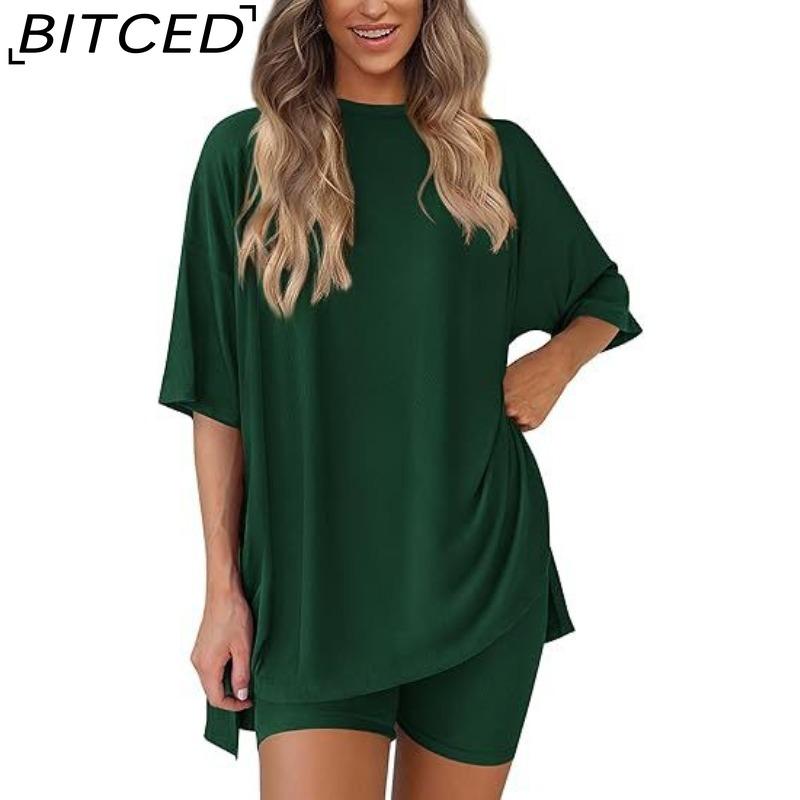 BITCED Women's Spring/Summer Loose-Fit Fashion Solid-Colour Casual Short-Sleeved Top and Shorts Two-Piece Set