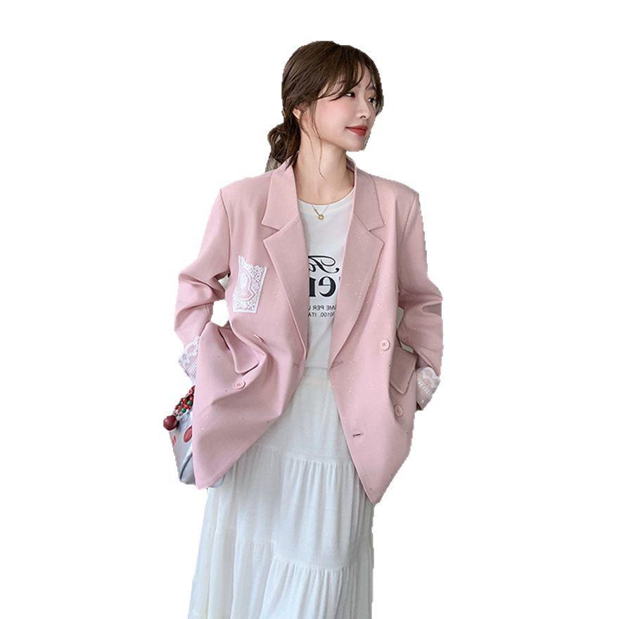 Pink Lace Splicing Blazer Women's Spring and Autumn New Explosive Super Fire Suit Unique and Beautiful Design Sense