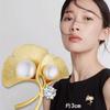 Gold Color Ginkgo Leaf Brooches Pins For Women Shiny Crystal Zircon Pearl Plant Brooch Corsage Wedding Party Clothing Jewelry