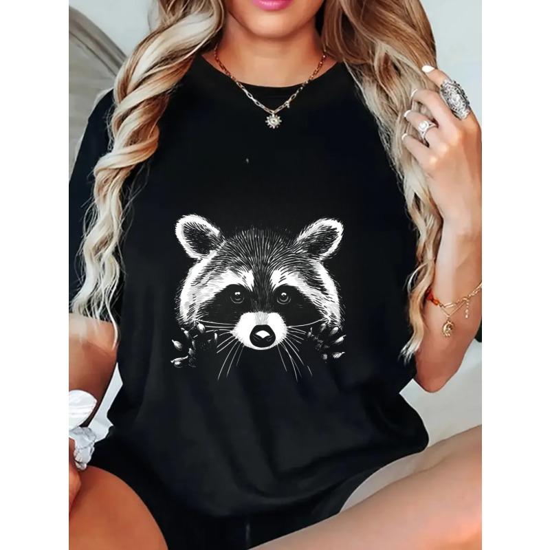 Oversized T Shirt Black Raccoon Animal Print Casual Wear For Women Summer Outfit Streetwear Fashion Top