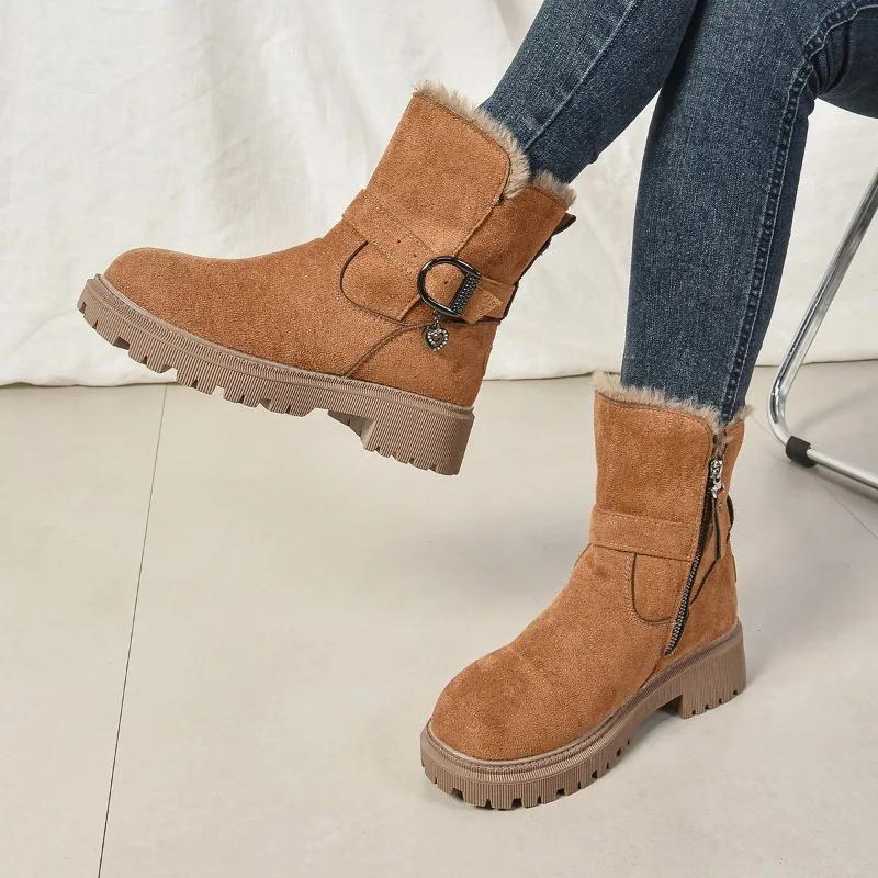 Fashion 2025 Brand Ladies Shoes Mid-Calf Women's Boots Fashion Belt Buckle Daily Winter Plus Velvet Keep Warm Comfortable Snow Boots