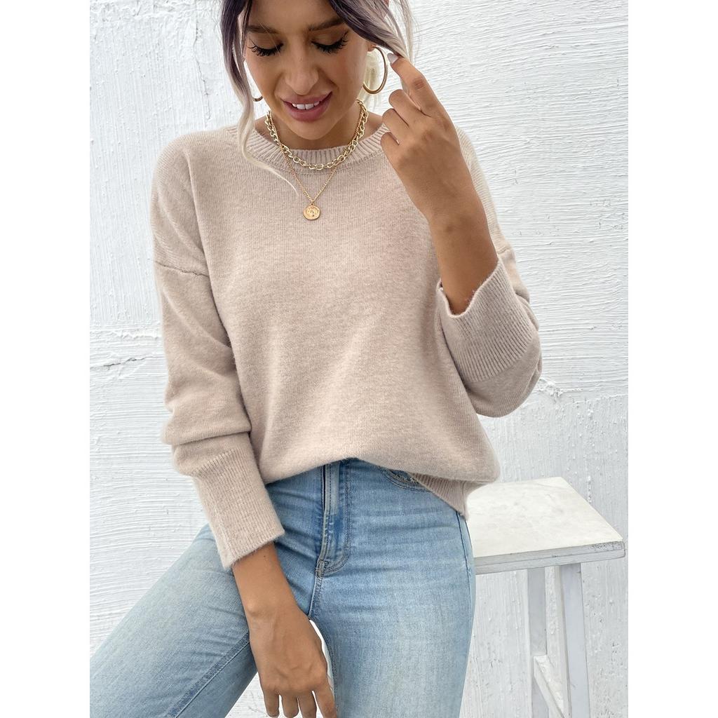 Einfarbiger Rundhals-Pullover für Damen | Weiches Strickoberteil | Lässige lockere Passform