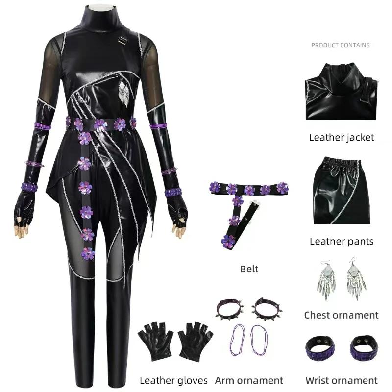 Kpop Demons Hunters Rumi Cosplay Costume Wig Black Leather Battle Suit Adult Women Coat Pants Belt Gloves Halloween Party