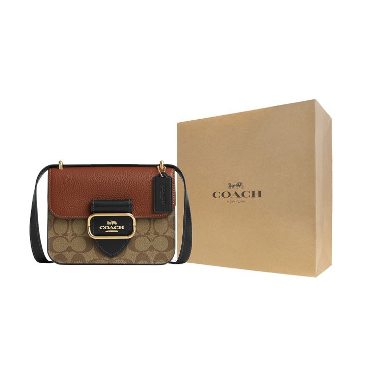 Coach Morgan 18 Color Block Signature Square Vintage Canvas And Leather Messenger Bag Women bags Khaki Brown CL462-IME7V