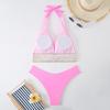Pure Color Split Swimsuit Women Sexy Tight Bikini High Waist Neck Gathered