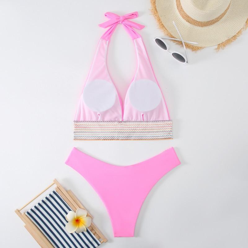 Pure Color Split Swimsuit Women Sexy Tight Bikini High Waist Neck Gathered