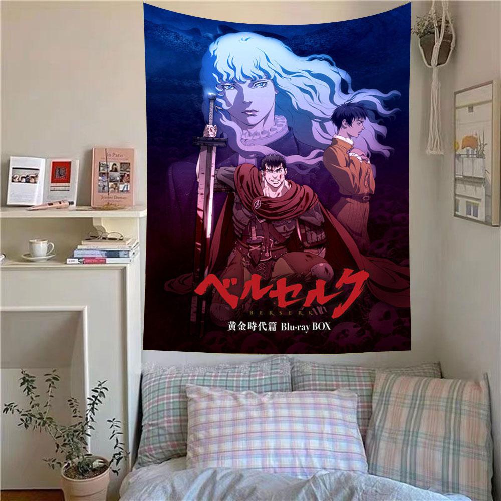 Hot Classic Anime Berserk Poster Tapestry Wall Hanging Fabric Interior Decor Tapestry Fans Room Aesthetic Decor Background Cloth