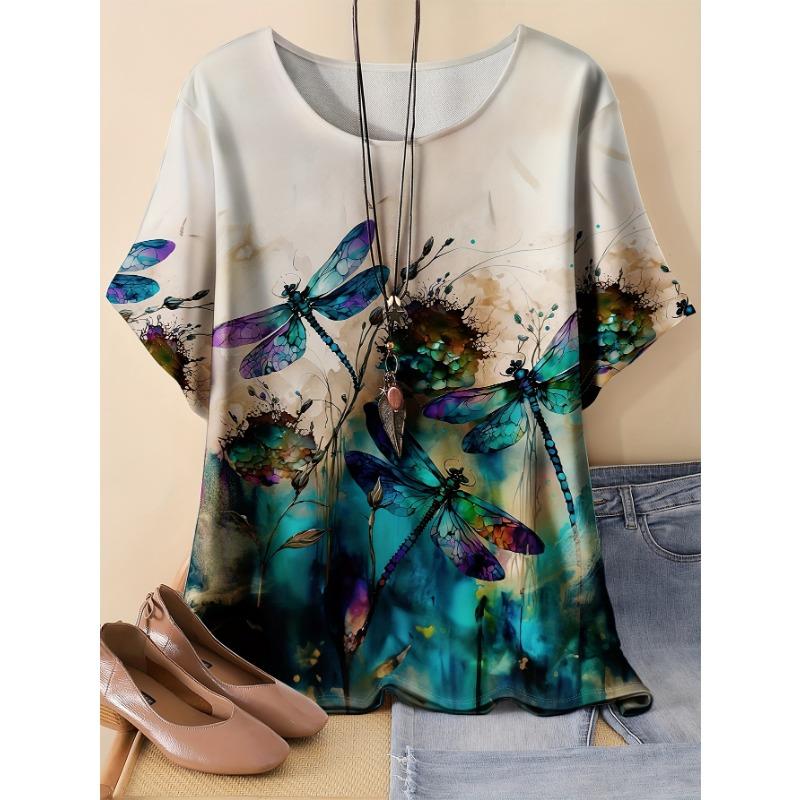 Animal Dragonfly 3D Random Print Large Size Round Neck Women s T-shirt S