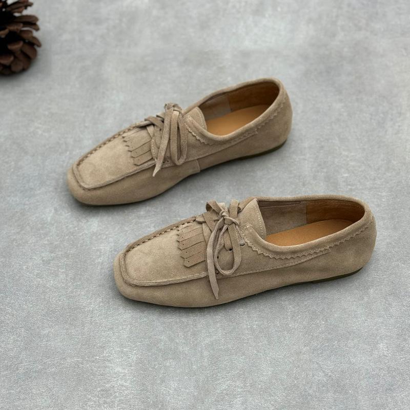 Ručně vyráběné dámské mokasíny z hovězí semišové kůže Čtvercový špička Ploché boty pro ženy Pohodlné Nízký nárt Měkká podrážka Dámské mokasíny