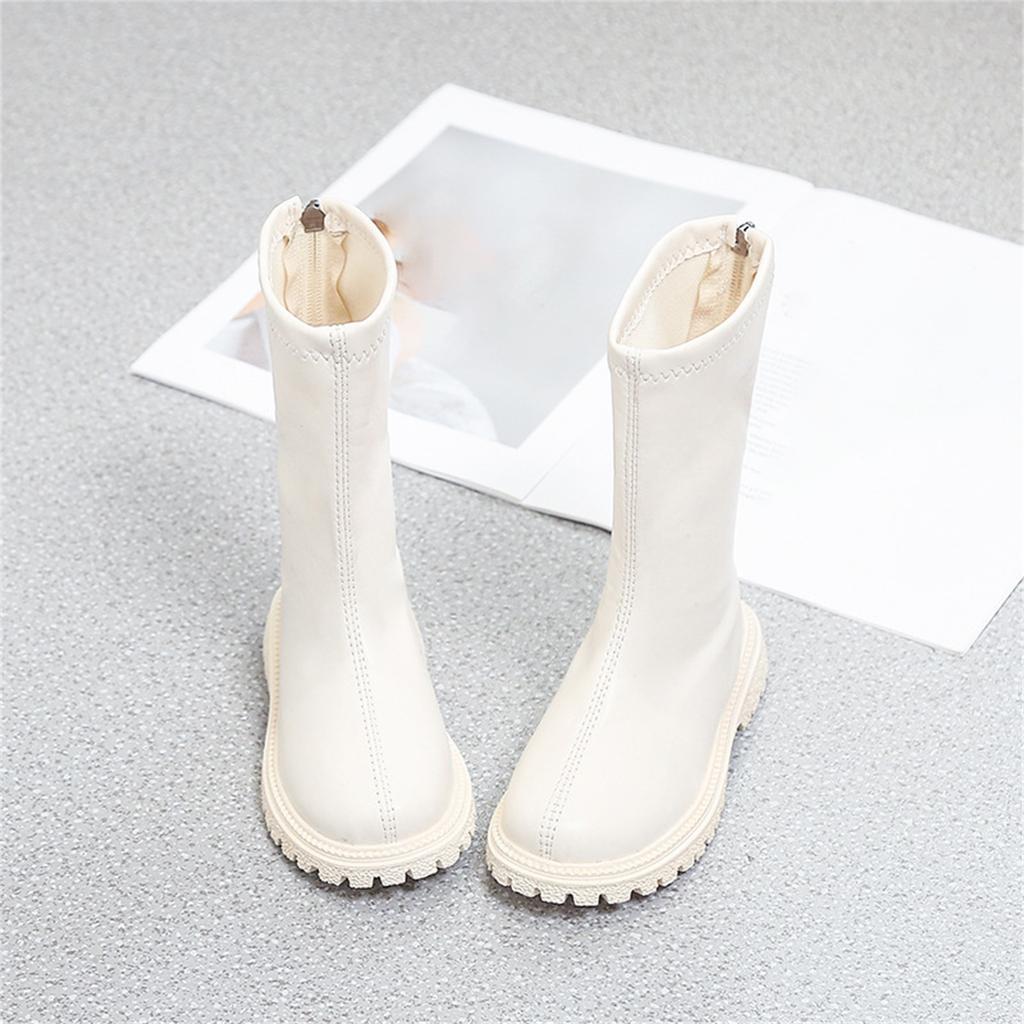 Children's Fashion Round Toe Mid-Calf Leather Boots with Back Zipper