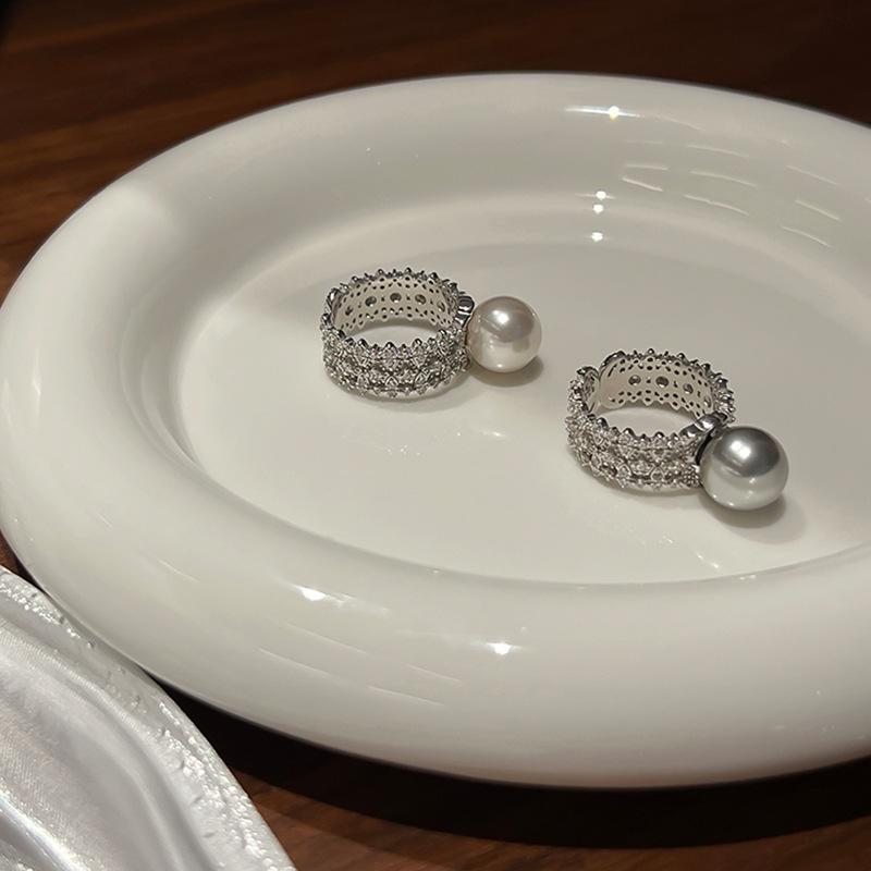 Heavy Industry Micro-Set Zircon Pearl Wide Open Ring Women'S Exquisite Unique Personality Fashion Temperament Ring Ring