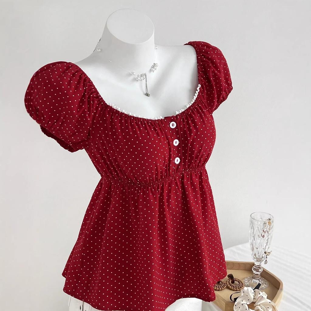 Summer New Polka Dot Puffed Sleeve Top, Printed Round Neck, Waist-cinching and Slimming Short-sleeved T-shirt for Women
