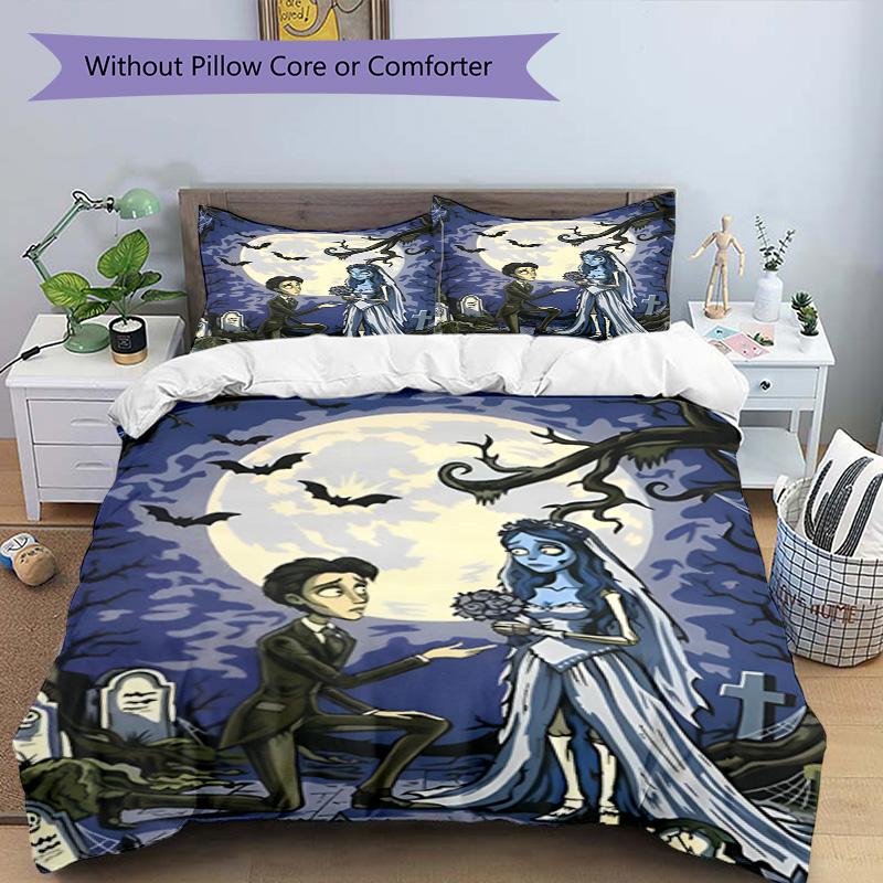 3pcs Duvet Cover Set (1*Duvet Cover + 2*Pillowcase, Without Core), Corpse Bride Print Bedding Set, Bedroom Decor, All‑Season, Birthday Gift