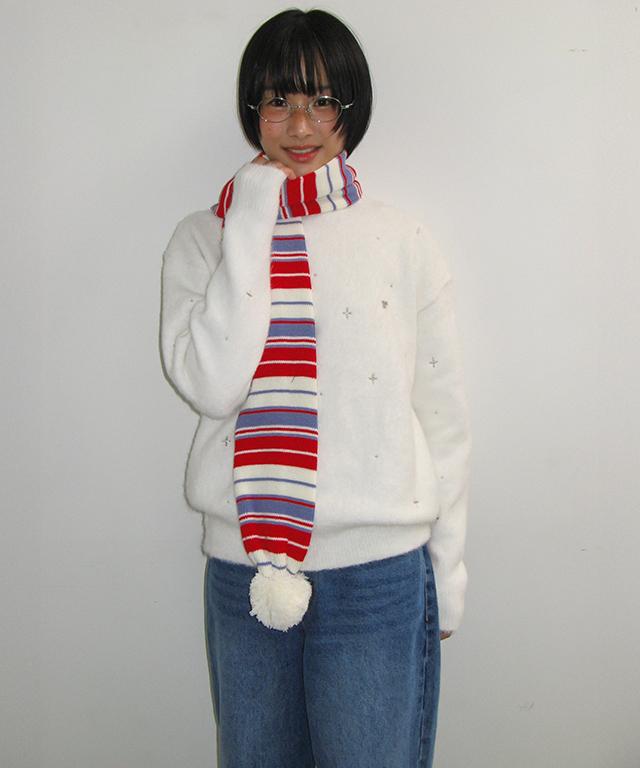 RONRON Hairy Pearl Embroidery Knit White
