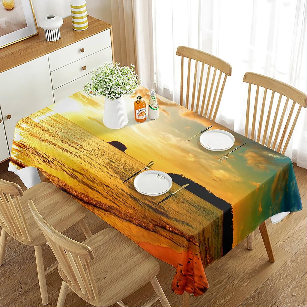 Ocean Tablecloth,Romantic Sunset on The Beach Sun Rays Reflection on The Sea Picture,Dining Room Kitchen Rectangular Table Cover