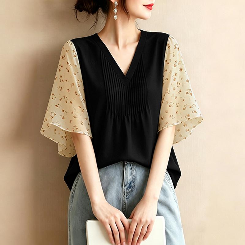 ZANZEA Women Elegant V-Neck Floral Print Splice 3/4 Sleeve Loose Casual Blouse S чёрный