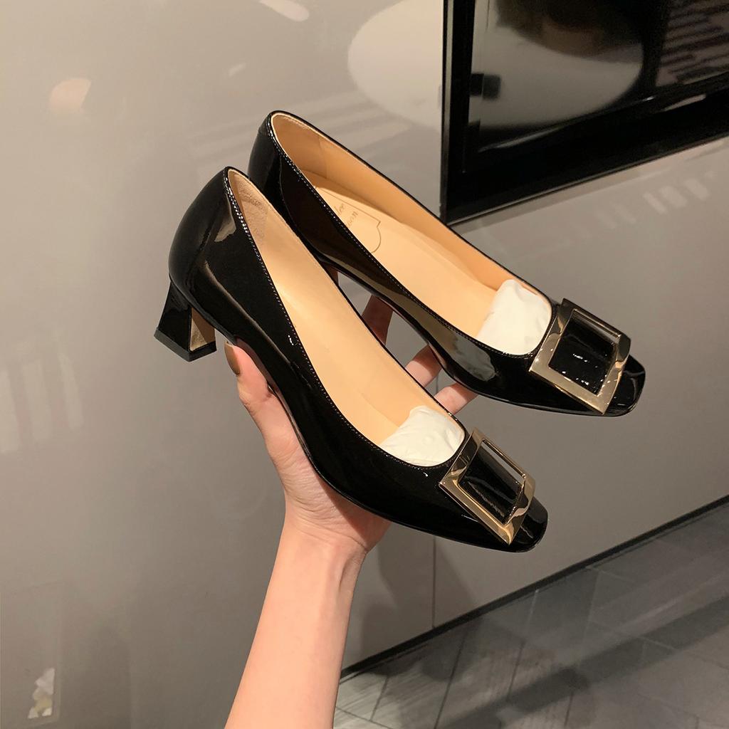 [] Workplace artifact~ Square head square buckle shallow mouth thick high heel ol single shoes women's wedding shoes commuter shoes