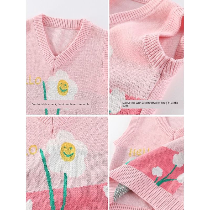 Children's Clothing Spring and Autumn Kids Flower Jacquard Vest Girl's Waistcoat V-neck Sweater Female Baby Girl Pullover Sweater