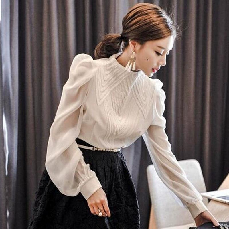 New Fashion Long Sleeve Stand Collar Black White Chiffon Blouse Shirt Women Tops J386