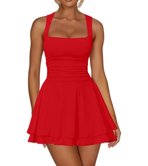 2025 Women's Square Neck Pleated Waist Mini Dress