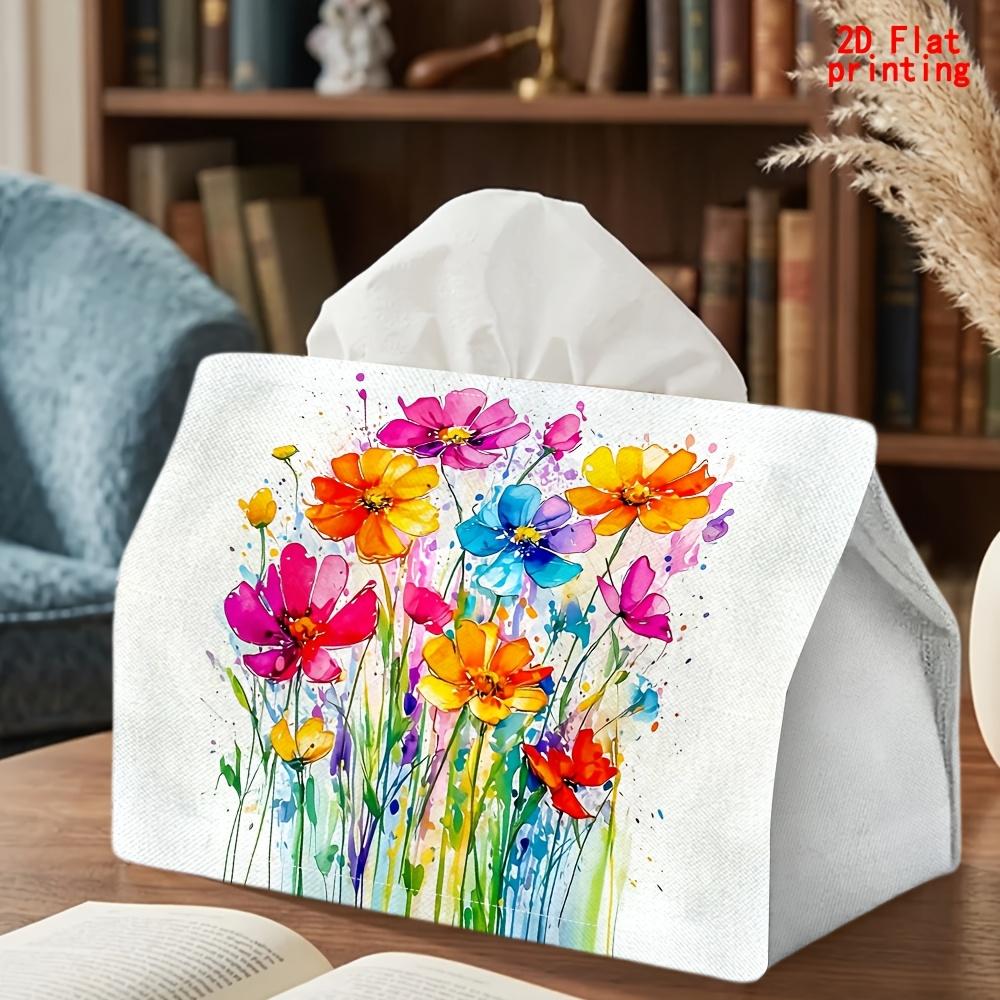 2D Flat 1pc, Tissue Box. Colorful Floral Pattern Napkin Dispenser, Reusable, Daily Desktop Tissue Organizer, Suitable for Kitchen Living Room Bedroom