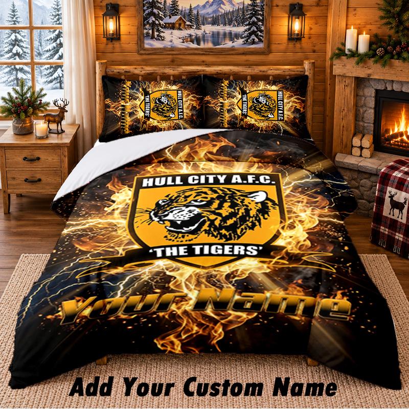 Hull City Muster Bettwäsche 3-teiliges Set Benutzerdefinierter Name, Bettlaken und Kissenbezüge für Zuhause Schlafzimmer