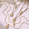 18K Gold Plated Stainless Steel Zircon Cross Pendant Layered Necklace with Double Blade Chain