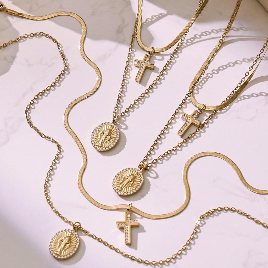 18K Gold Plated Stainless Steel Zircon Cross Pendant Layered Necklace with Double Blade Chain