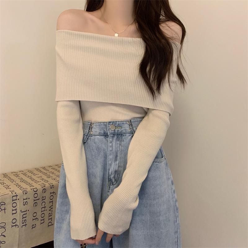 Women's One-Shoulder Autumn Knitted Sweater: 2024 Slim-Fit, Long-Sleeve Top