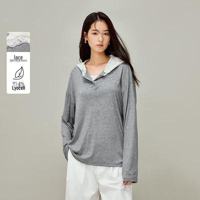 INMAN Women's Lyocell Lace Patchwork Hooded Henley Long-Sleeve T-shirt