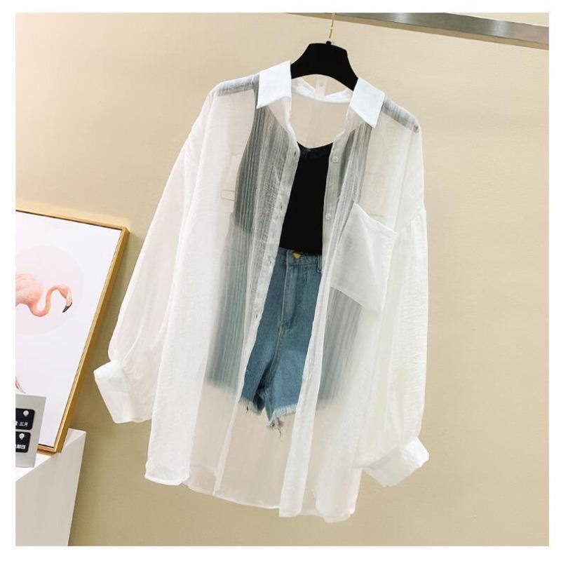 Summer Sunscreen Shirt Perspective Thin Blouse Loose Casual Women XXL белый