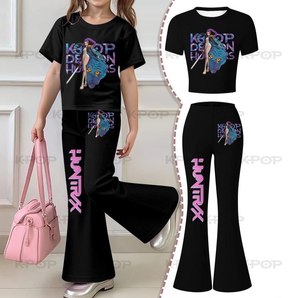 

Детский комплект с коротким рукавом Kpop Hunter 2026 года для девочек, новый стиль: топ с коротким рукавом и брюки-клеш. 120