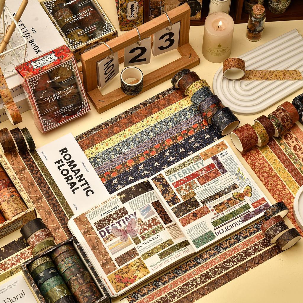 12 Rolls Vintage Landscape Washi Tape Box Set Journaling Decorative Paper Tape DIY Crafts Scenery Stationery Scrapbooking Supply