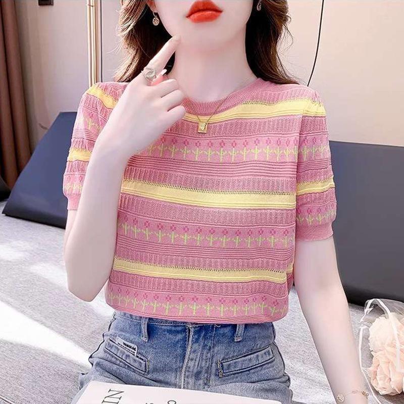 Striped Short Sleeved Knitted Shirt for Women in Summer Round Neck Top Korean Version for Women
