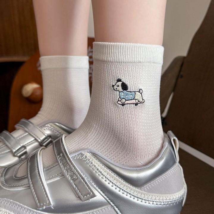 Korean Style Cartoon Puppy Embroidered Mesh Ruffle Socks for Girls, Breathable Mid-Calf Length