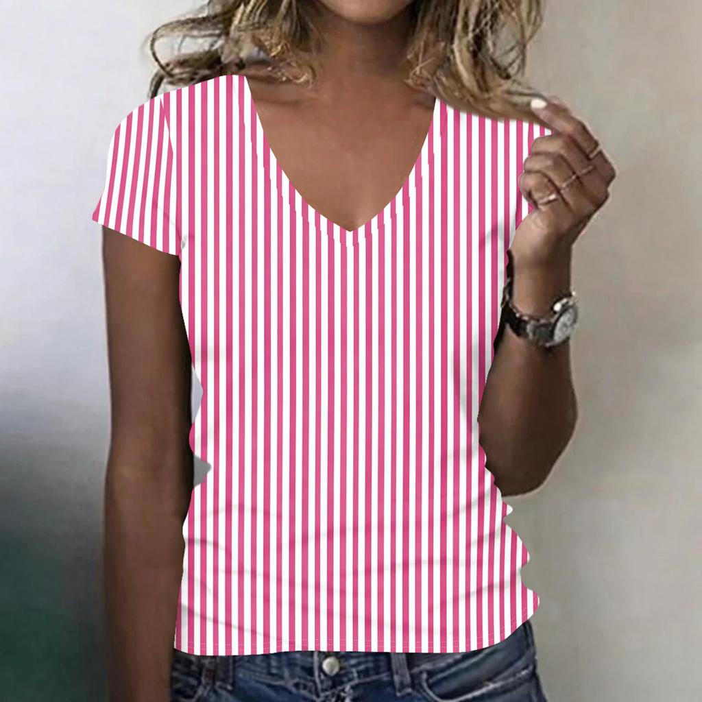 Women's Fashionable Casual V-neck Short-sleeved Striped Print Slim-fit Lightweight T-shirt Top