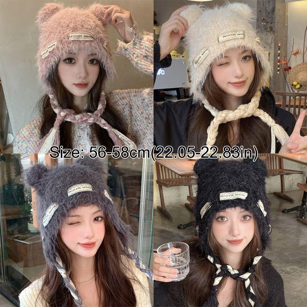Cold Protection Warm Bear Ear Hat Thicken Knitted Bobble Cap  Women Accessories