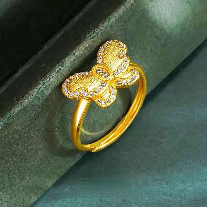 Ancient gold zircon butterfly ring retro light luxury high-end index finger ring versatile temperament simple jewelry women
