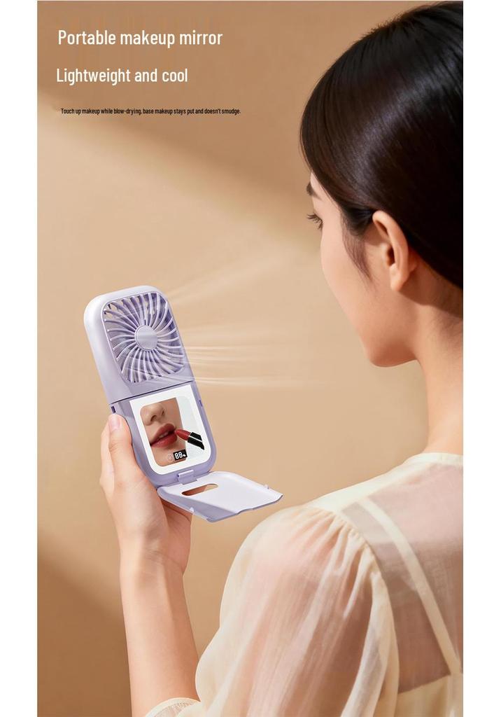 Portable Neck-Hanging USB Fan with Foldable Stand and Makeup Mirror
