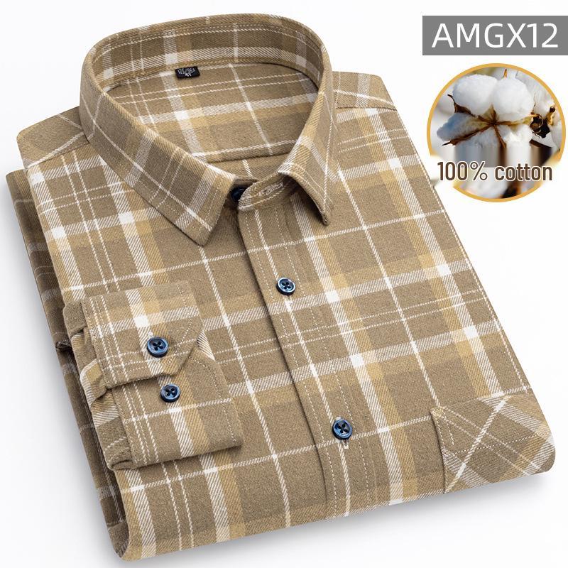 New Men's Plus Size Brushed Cotton Plaid Long Sleeve Shirt for Middle-Aged & Elderly with Straight Hem