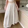 White Lace Splicing High Waist Elastic A- Line Midi Skirt Women's Summer Elegant Wide Hem Semi-Body Skirt