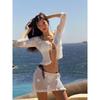 Womens White Crochet Knit Cardigan Beach Cover Up Vacation Flared Sleeve Sheer Top Set