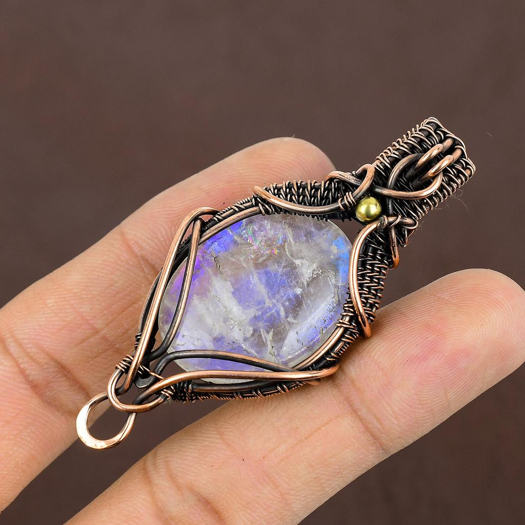 Rainbow Moonstone Handmade Copper Wire Wrap Pendant Jewelry 2.25" D5j71
