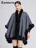 Women's Sherpa Fleece Poncho with Rabbit Fur Collar for Fall Winter Casual Wear